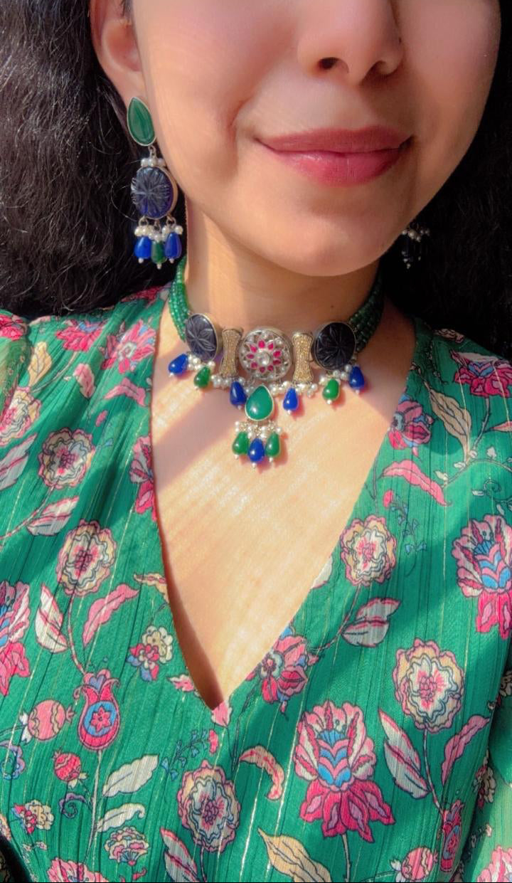 Meher Multistrand Blue and green Choker Set