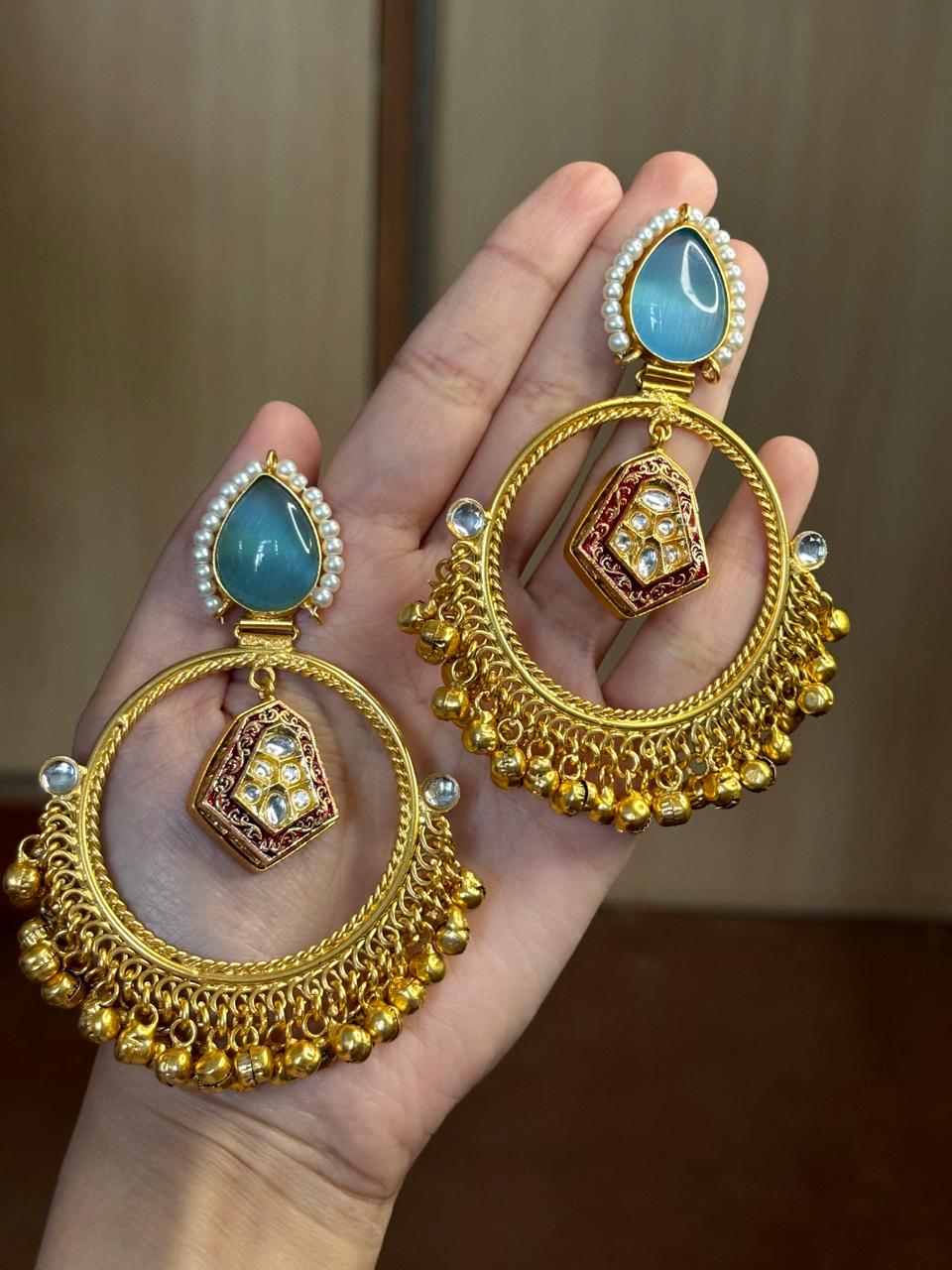 Naina Golden Earrings (ocean blue)