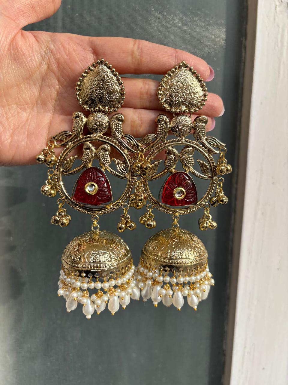 Taruja Hand-Carved Jhumkas( red edition)