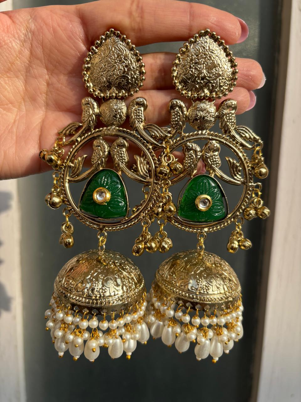 The Taruja Hand-Carved Jhumkas( green edition)